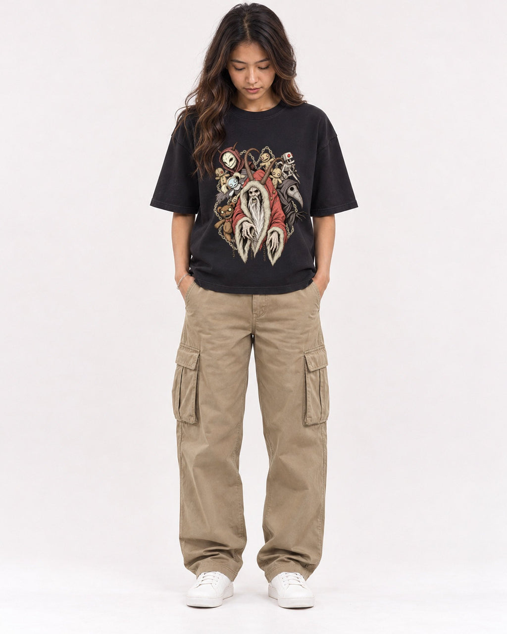 Mockup Boxy Heavyweight Tee Black female full-body 02