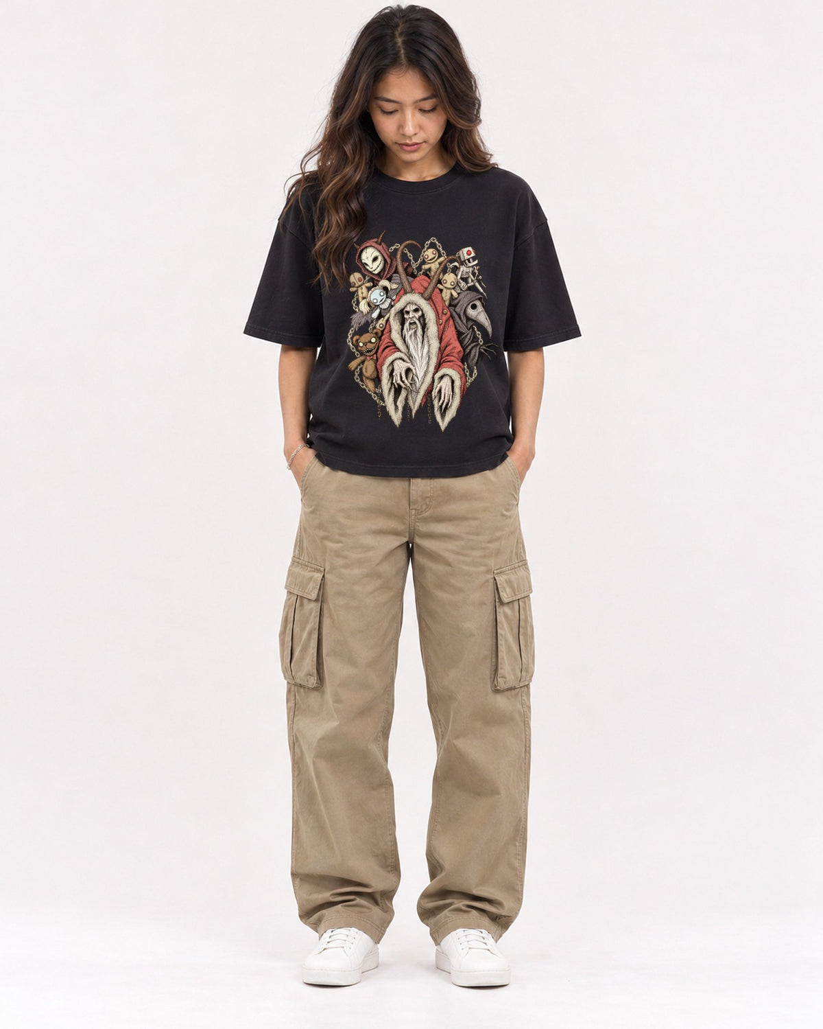 Mockup Boxy Heavyweight Tee Black female full-body 02