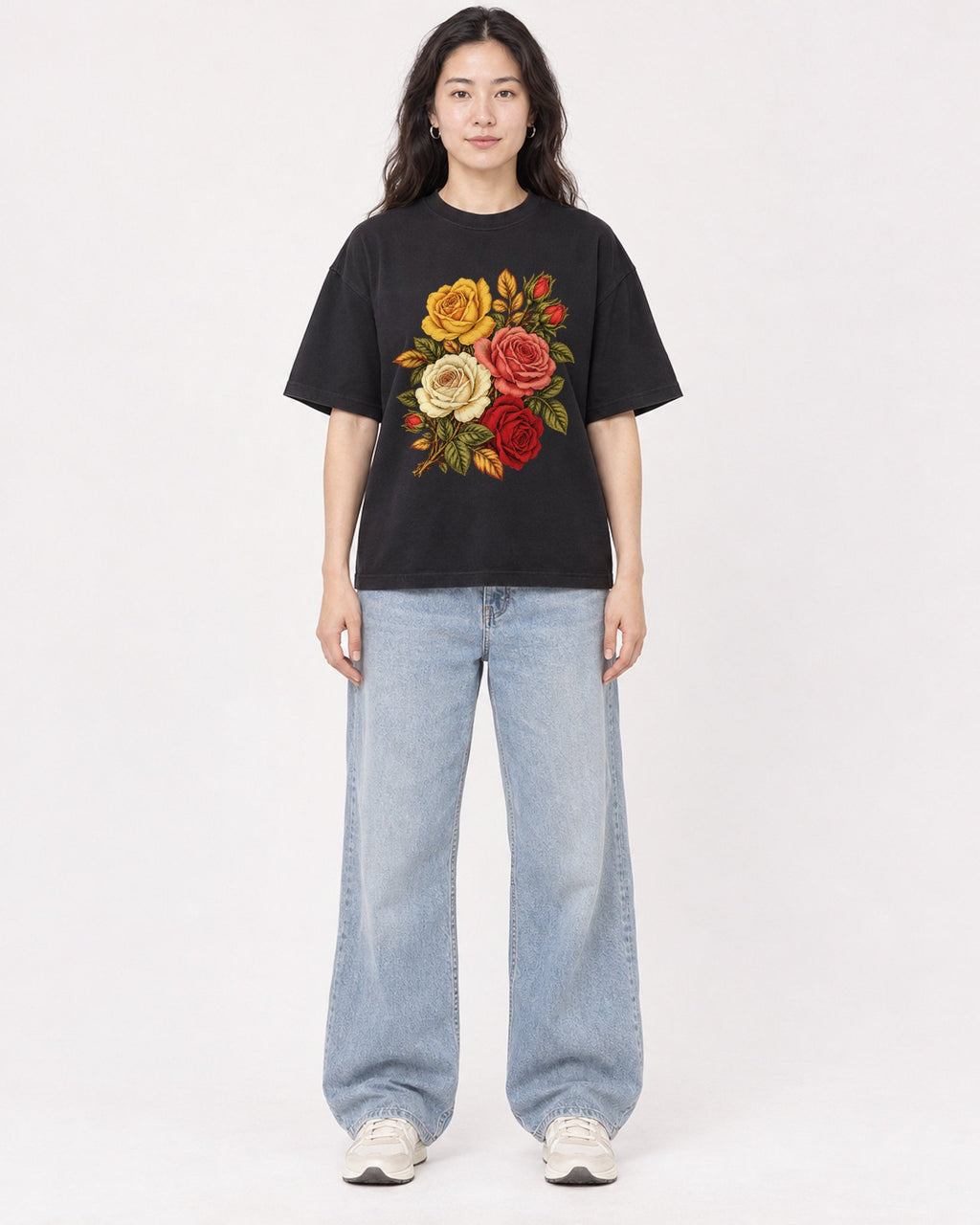 Mockup Boxy Heavyweight Tee Black female full-body 03
