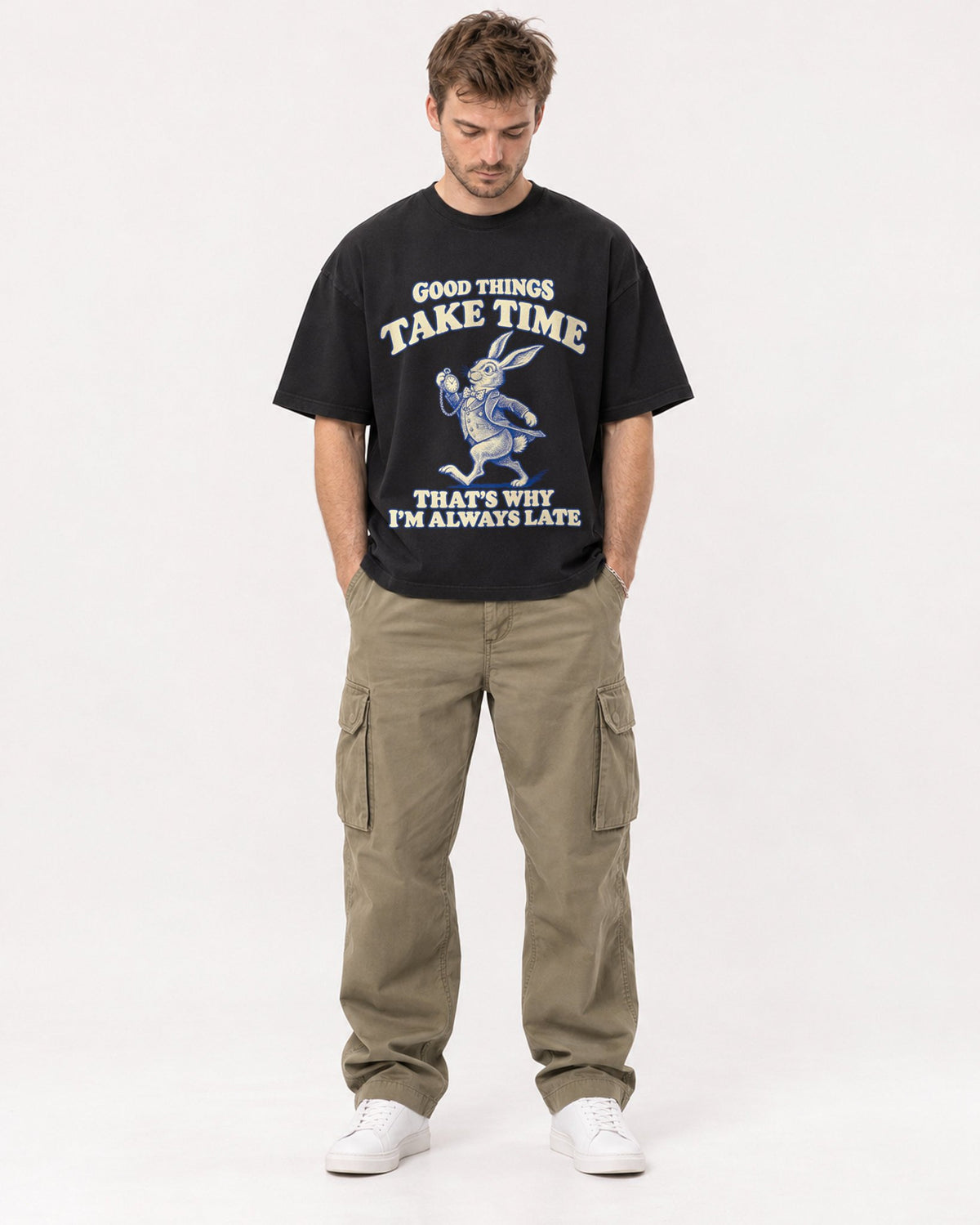 Mockup Boxy Heavyweight Tee Black male full-body 08