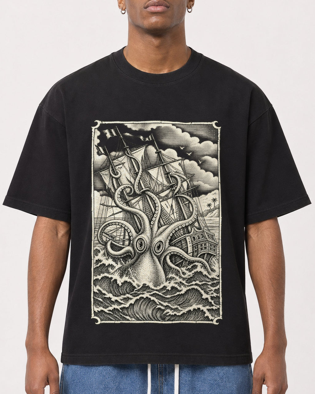 Mockup Boxy Heavyweight Tee Black male close-up 15