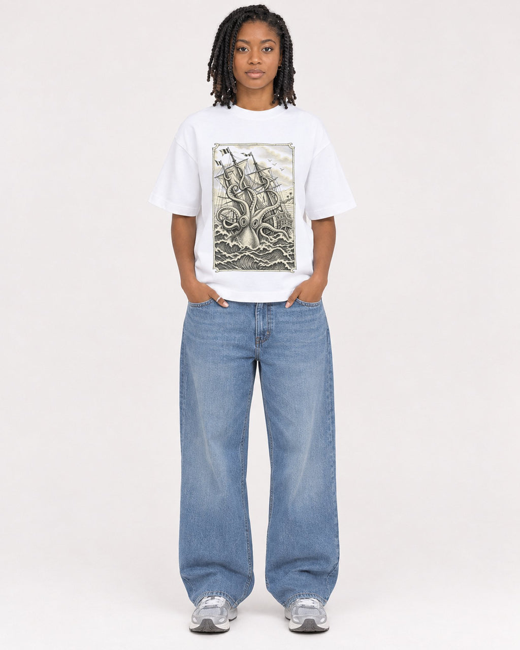 Mockup Boxy Heavyweight Tee White female full-body 15