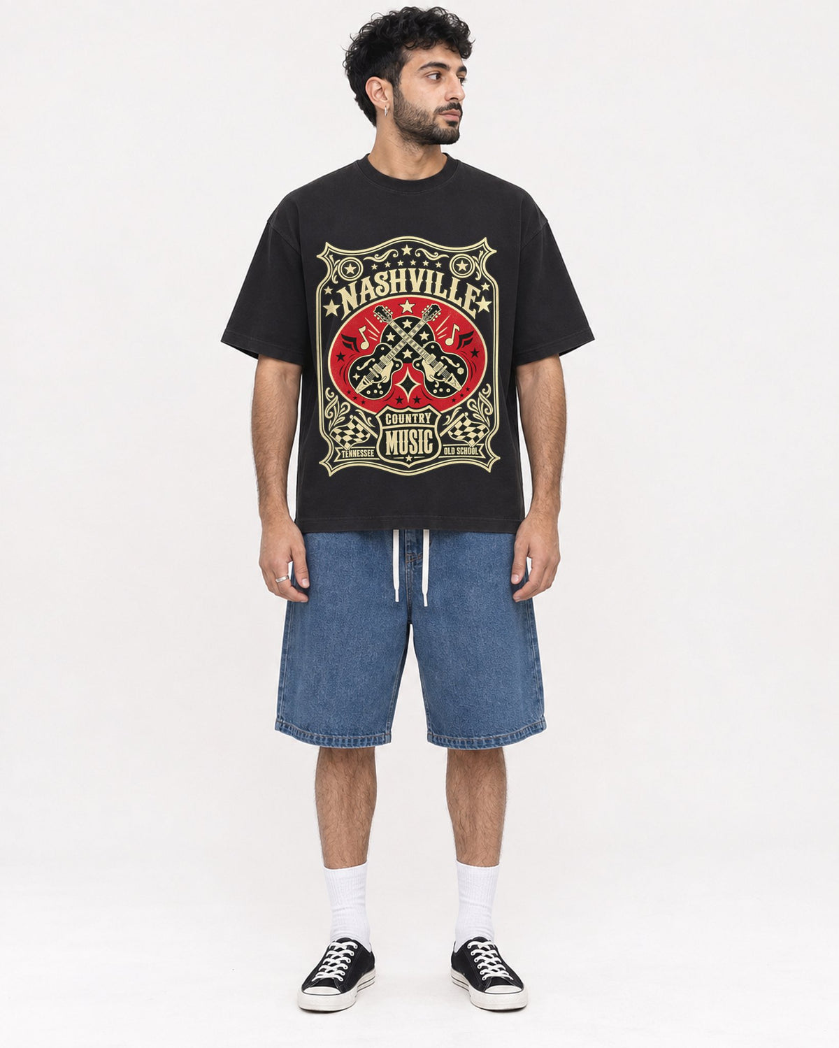 Mockup Boxy Heavyweight Tee Black male full-body 07