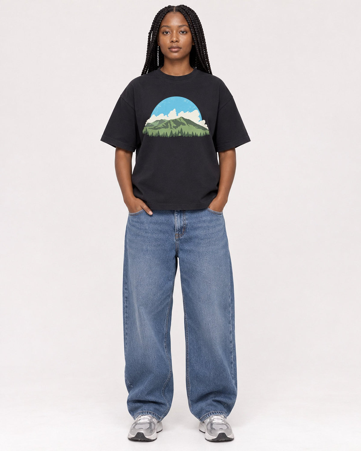 Mockup Boxy Heavyweight Tee Black female full-body 04