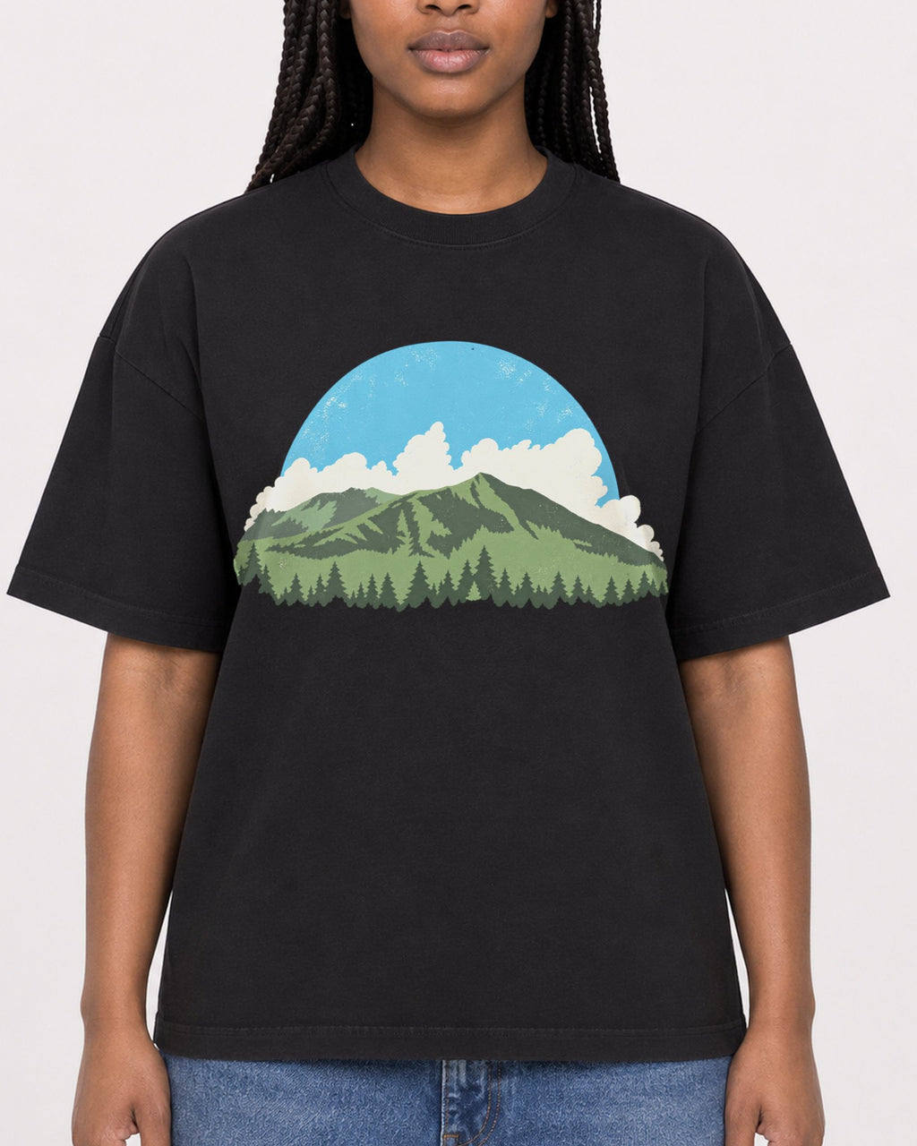 Mockup Boxy Heavyweight Tee Black female close-up 04
