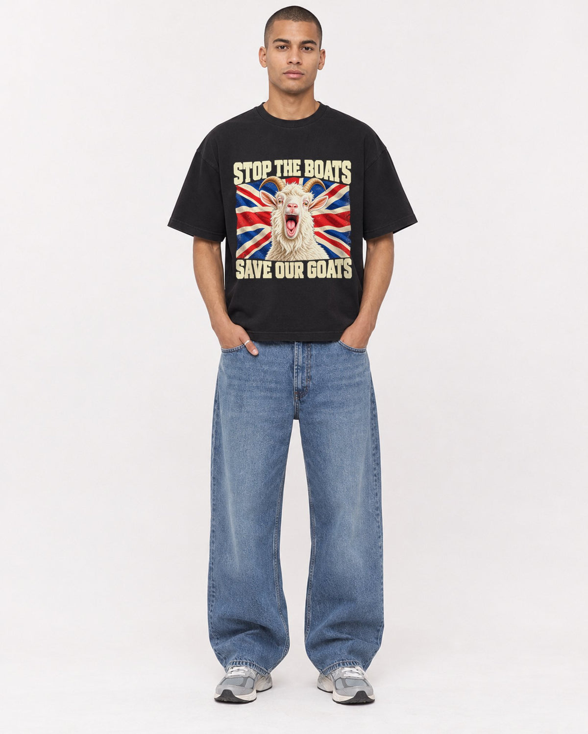 Mockup Boxy Heavyweight Tee Black male full-body 50