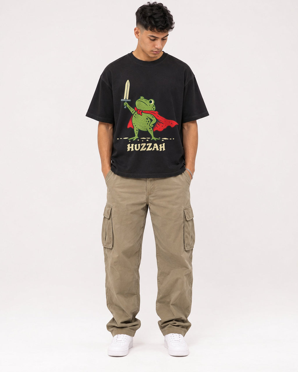 Mockup Boxy Heavyweight Tee Black male full-body 16