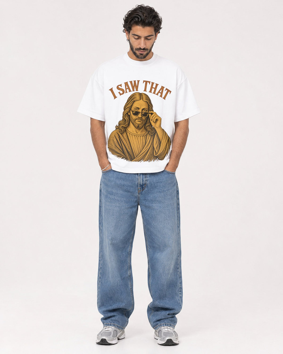 Mockup Boxy Heavyweight Tee White male full-body 47