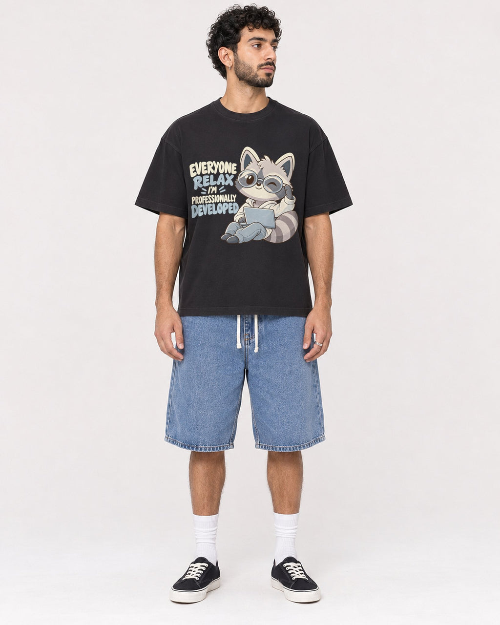 Mockup Boxy Heavyweight Tee Black male full-body 27