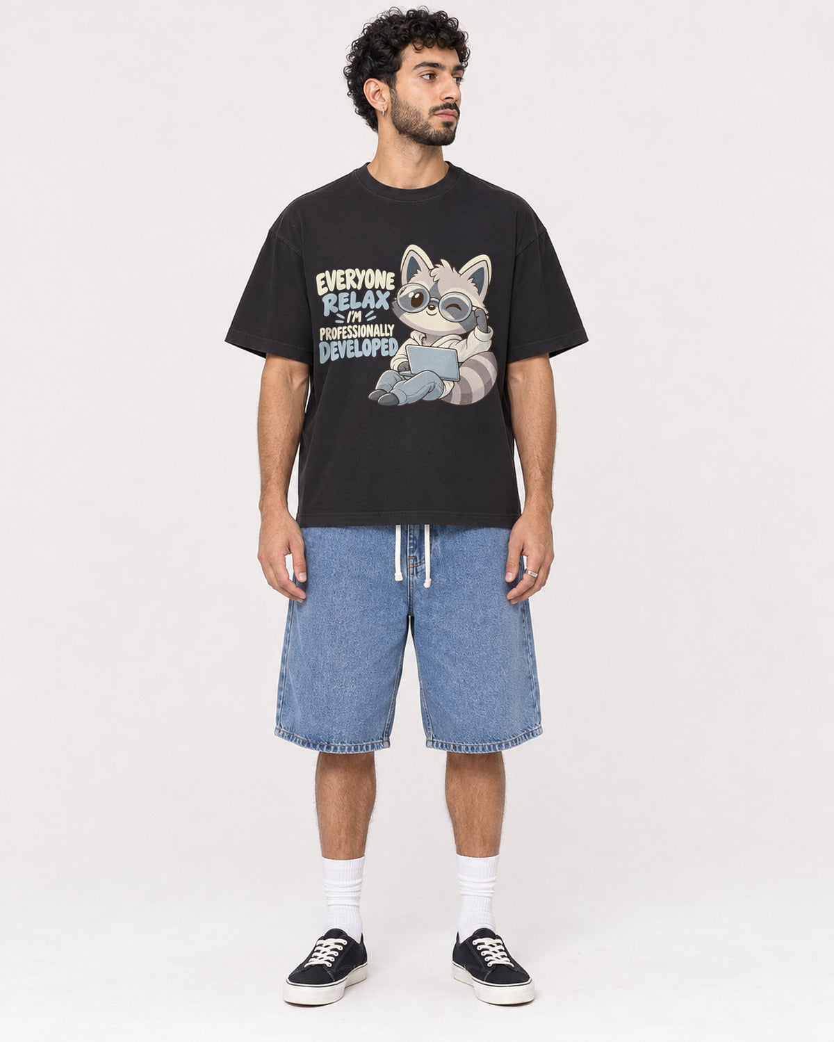 Mockup Boxy Heavyweight Tee Black male full-body 27