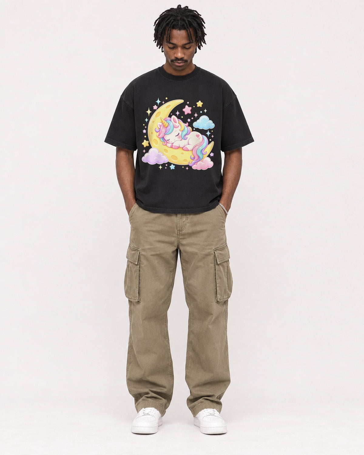 Mockup Boxy Heavyweight Tee Black male full-body 04
