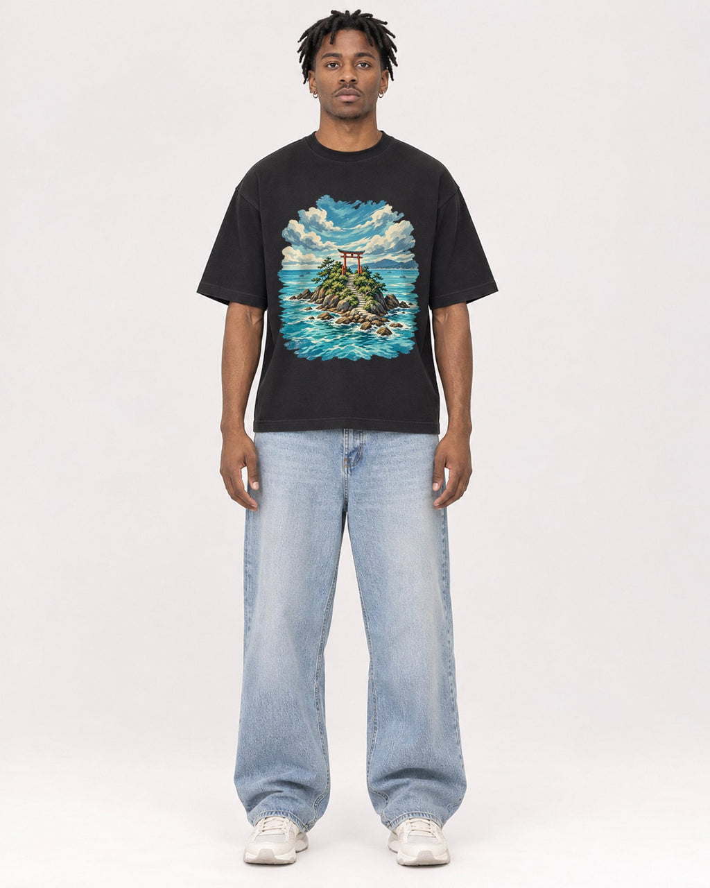Mockup Boxy Heavyweight Tee Black male full-body 05