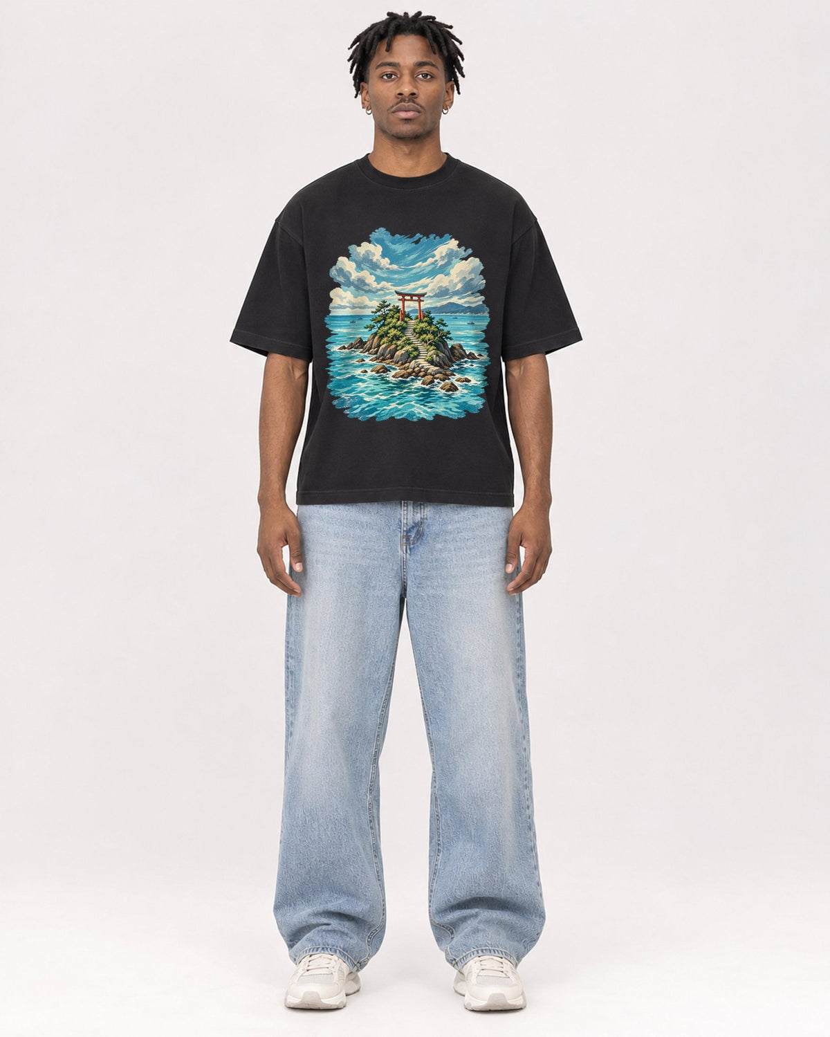 Mockup Boxy Heavyweight Tee Black male full-body 05