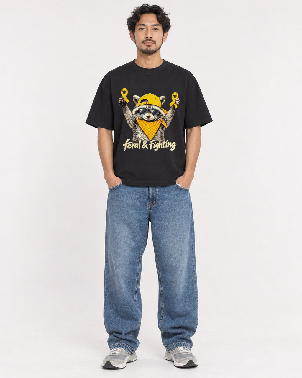 Mockup Boxy Heavyweight Tee Black male full-body 02