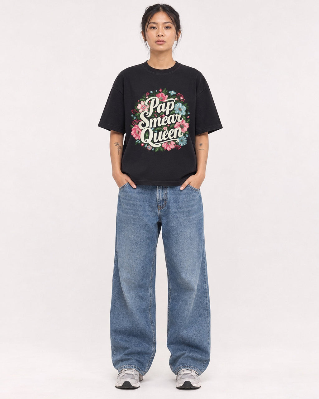 Mockup Boxy Heavyweight Tee Black female full-body 12
