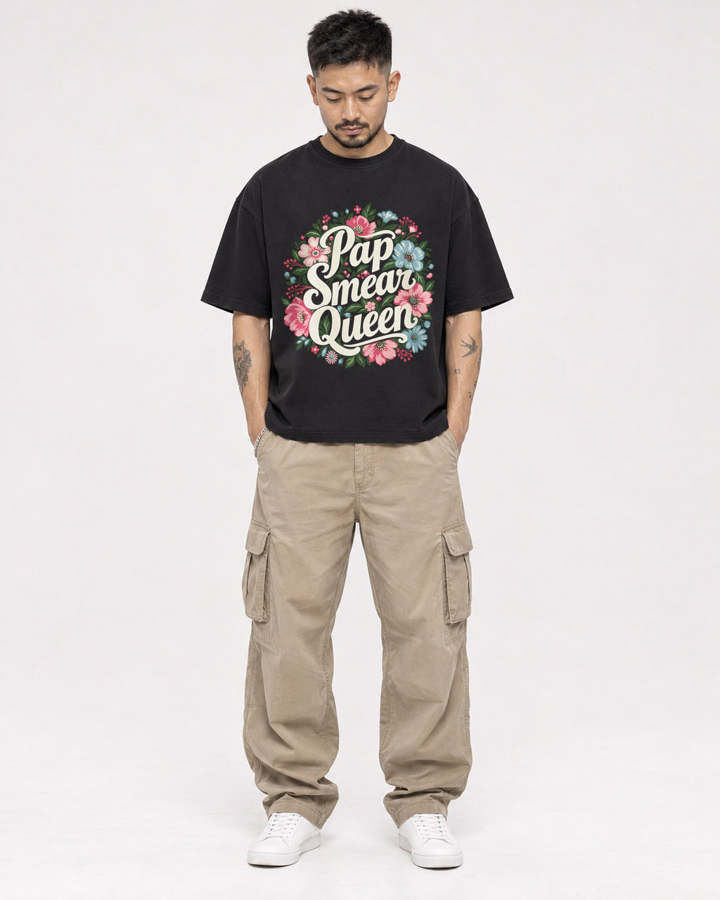 Mockup Boxy Heavyweight Tee Black male full-body 12