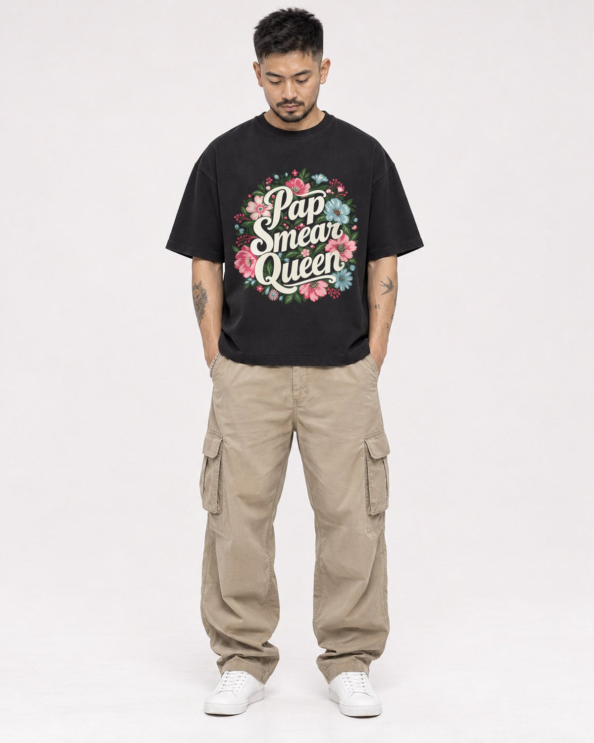 Mockup Boxy Heavyweight Tee Black male full-body 12