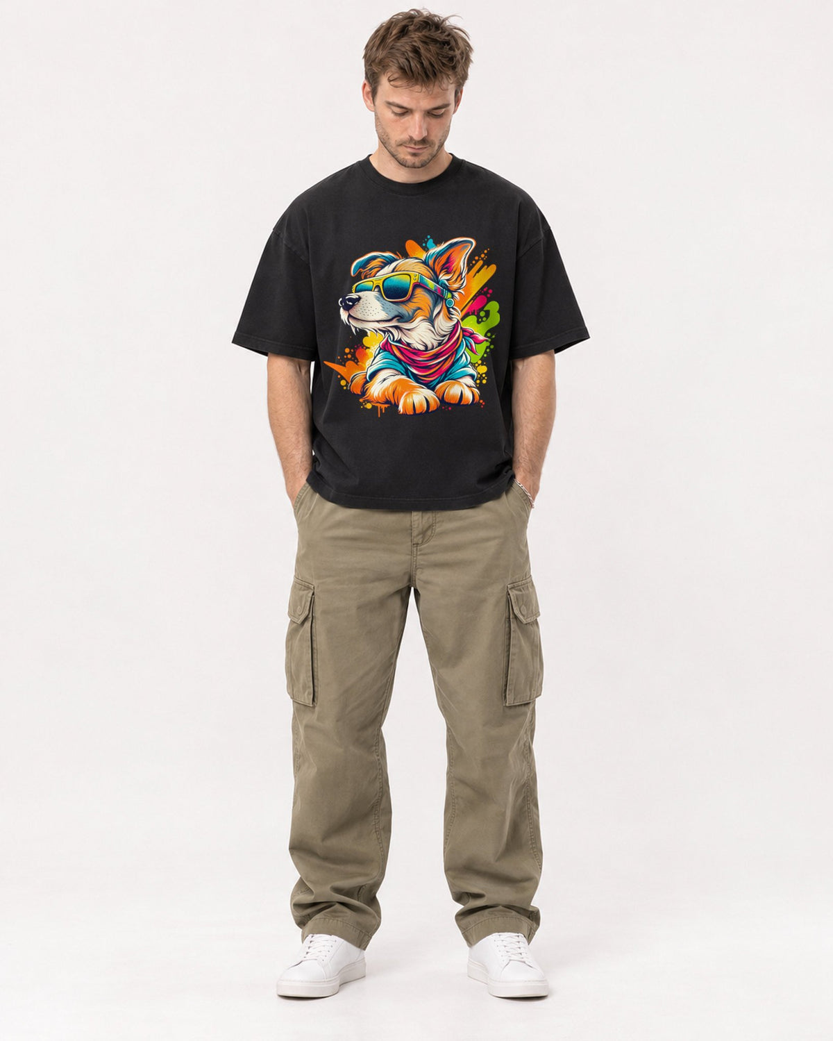 Mockup Boxy Heavyweight Tee Black male full-body 08