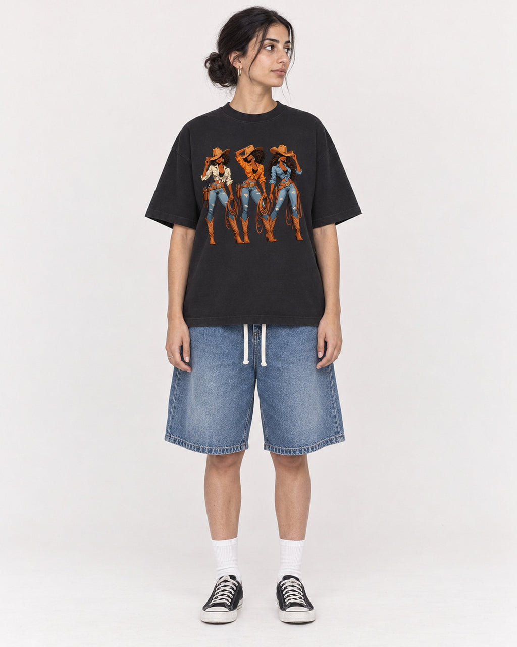 Mockup Boxy Heavyweight Tee Black female full-body 17