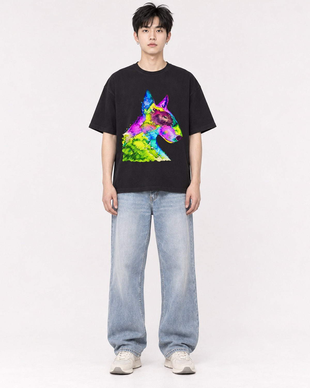 Mockup Boxy Heavyweight Tee Black male full-body 01