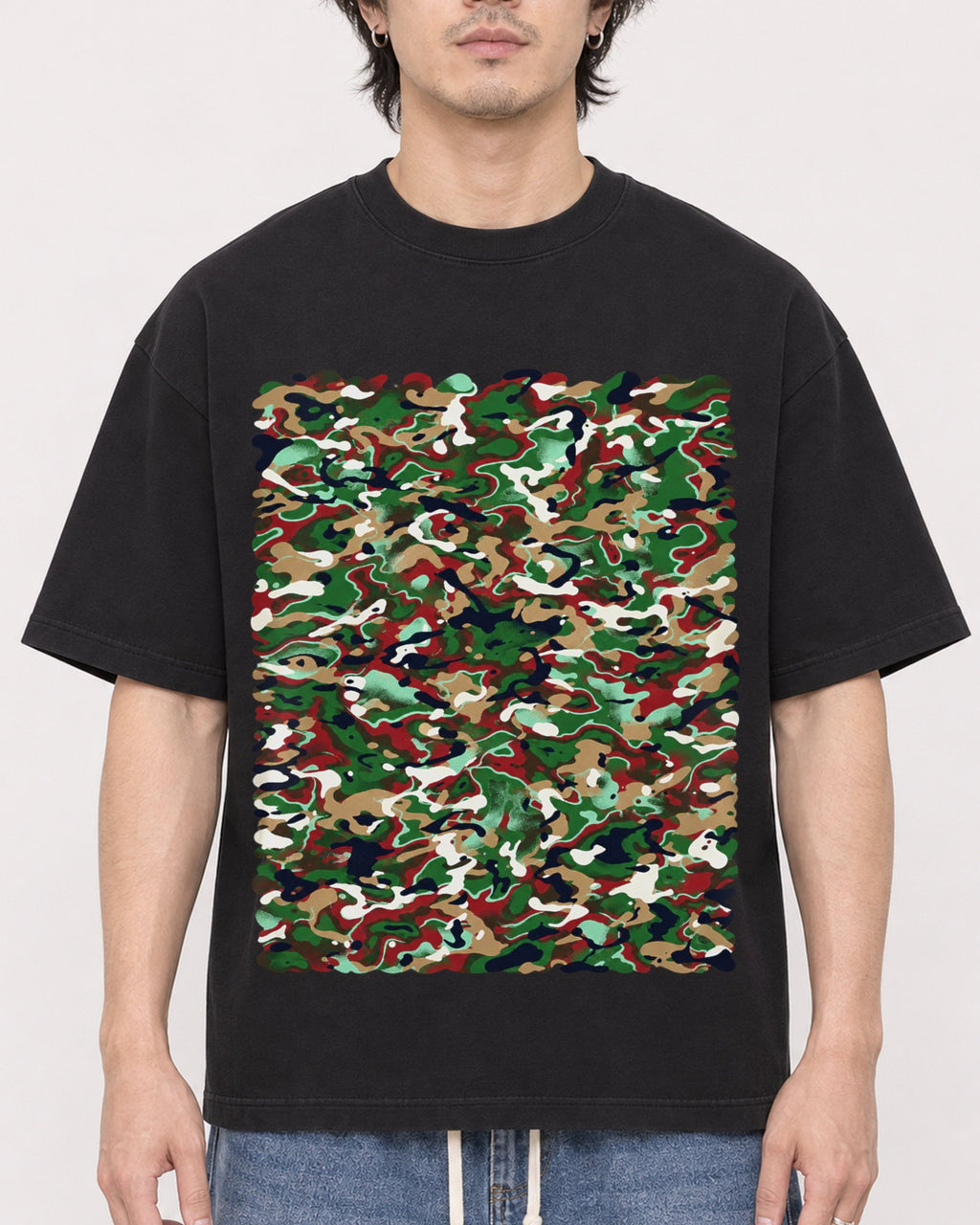 Mockup Boxy Heavyweight Tee Black male close-up 03
