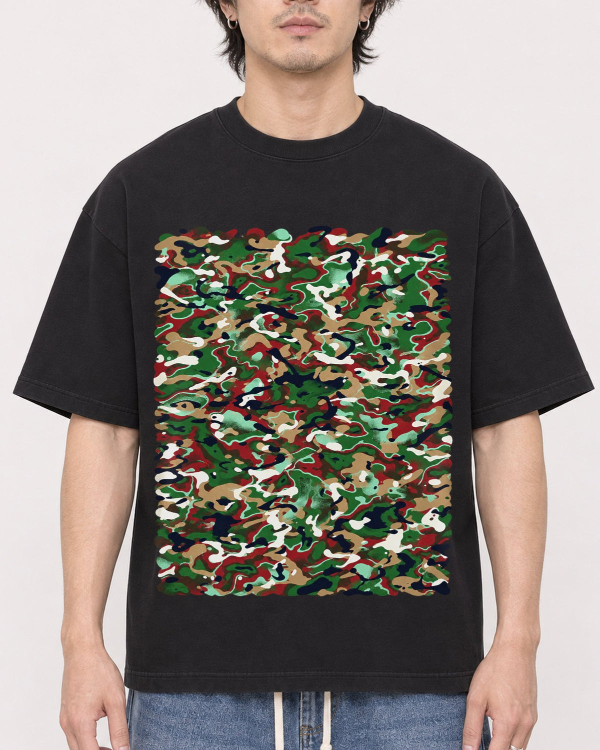 Mockup Boxy Heavyweight Tee Black male close-up 03