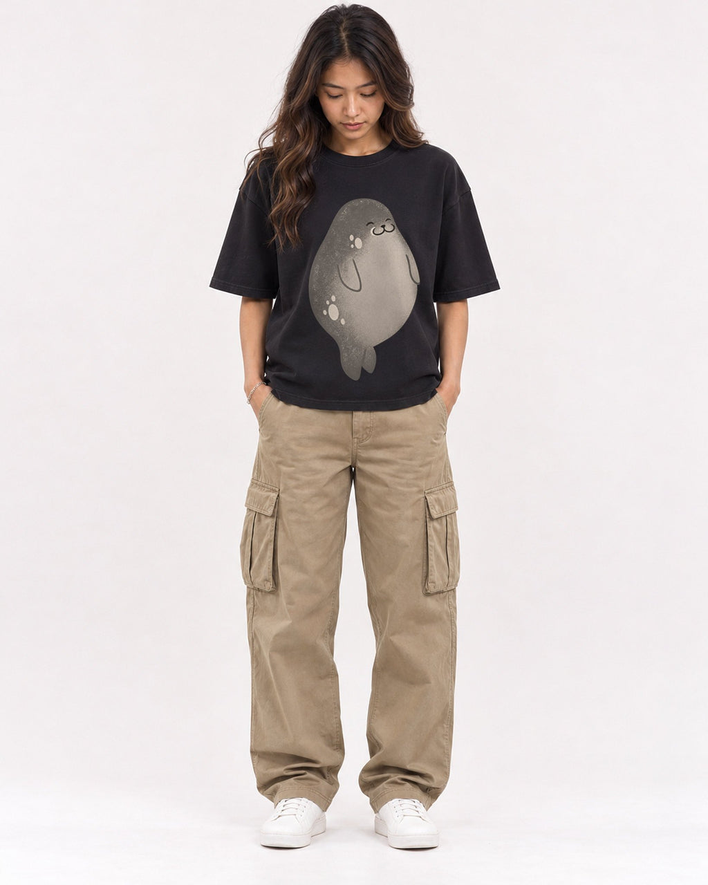 Mockup Boxy Heavyweight Tee Black female full-body 02