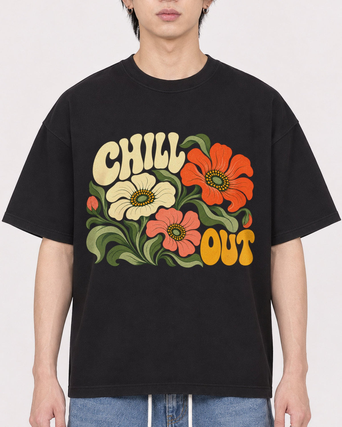 Mockup Boxy Heavyweight Tee Black male close-up 11
