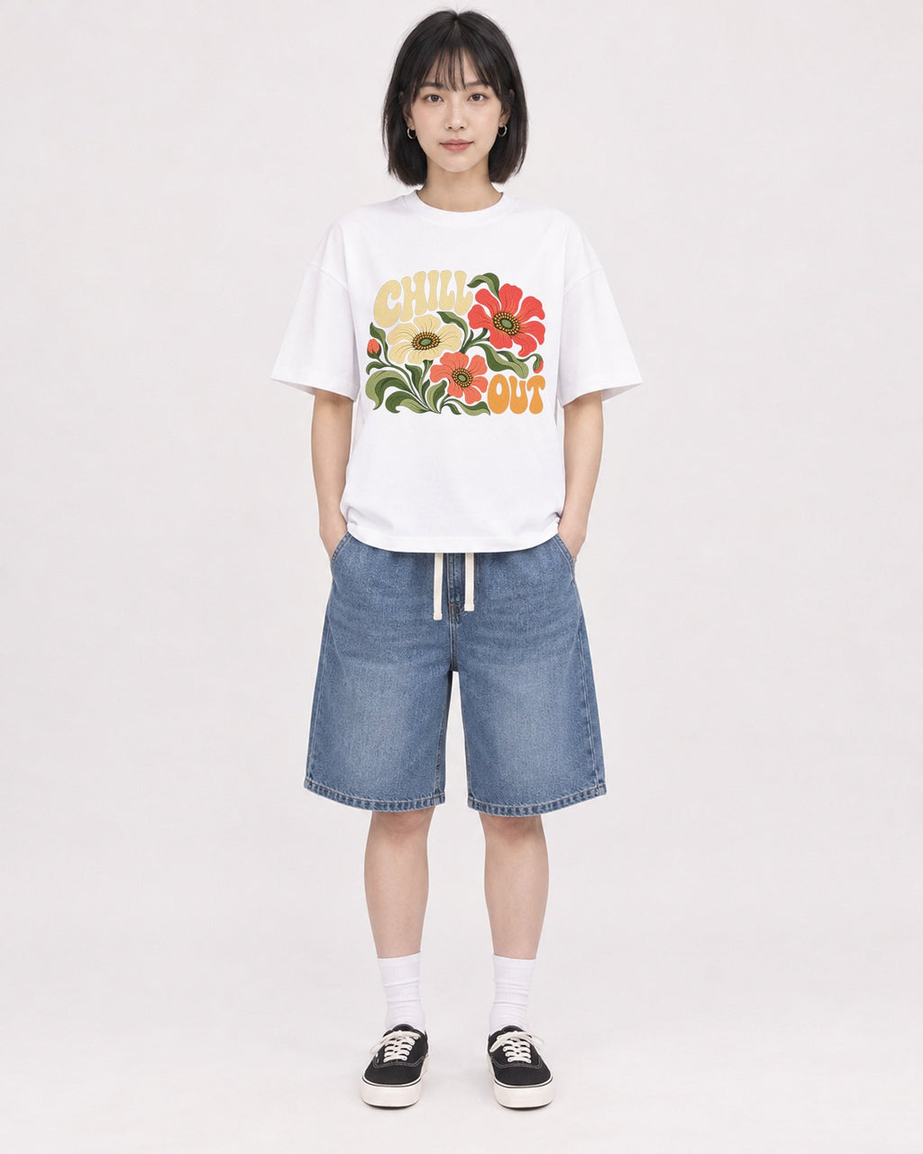 Mockup Boxy Heavyweight Tee White female full-body 11