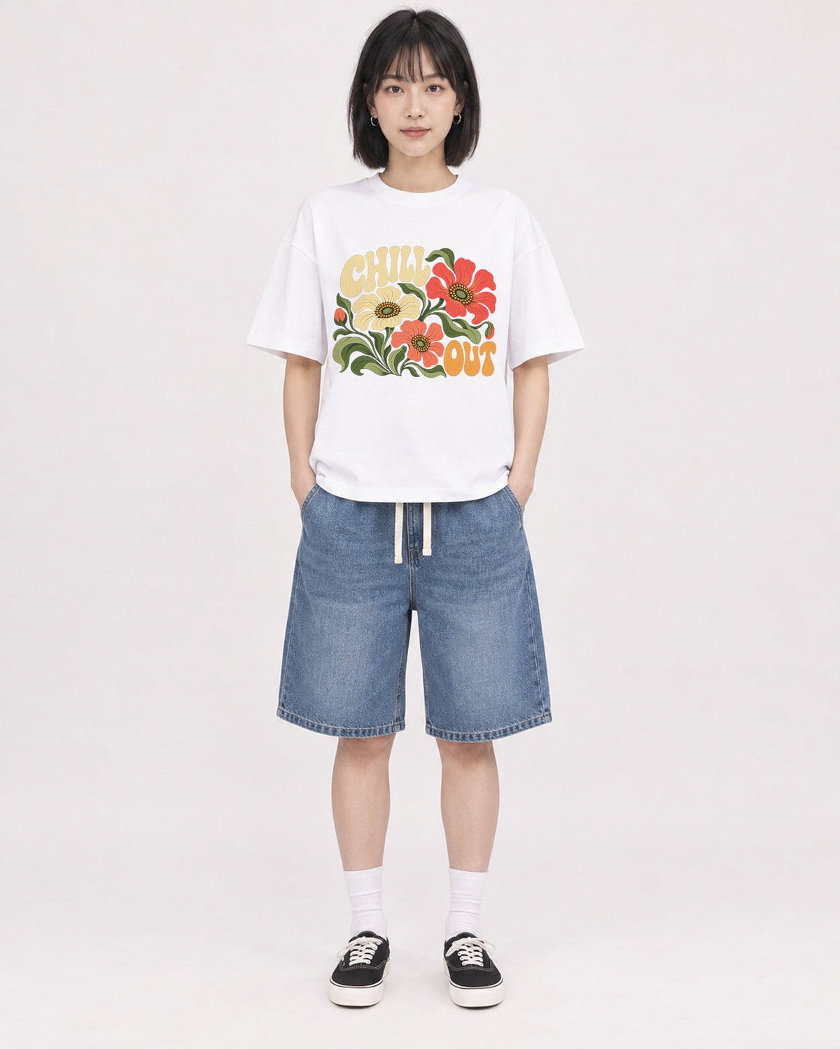 Mockup Boxy Heavyweight Tee White female full-body 11
