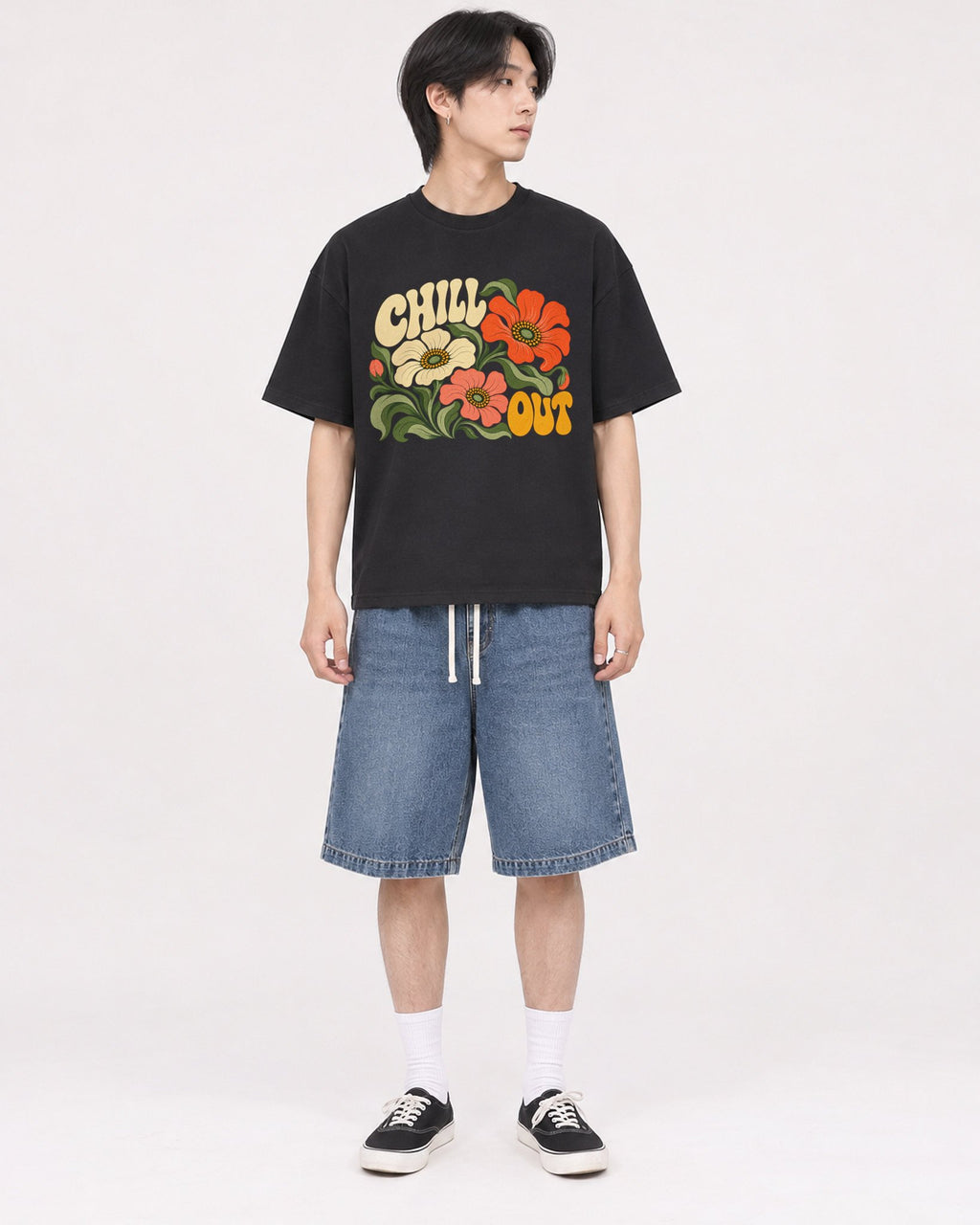 Mockup Boxy Heavyweight Tee Black male full-body 11