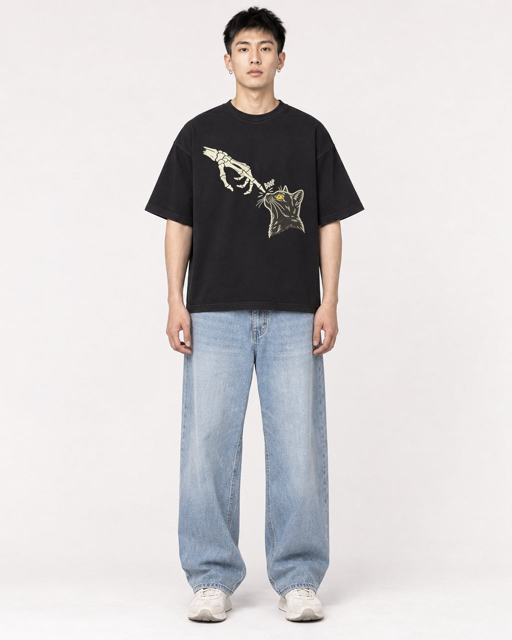 Mockup Boxy Heavyweight Tee Black male full-body 21