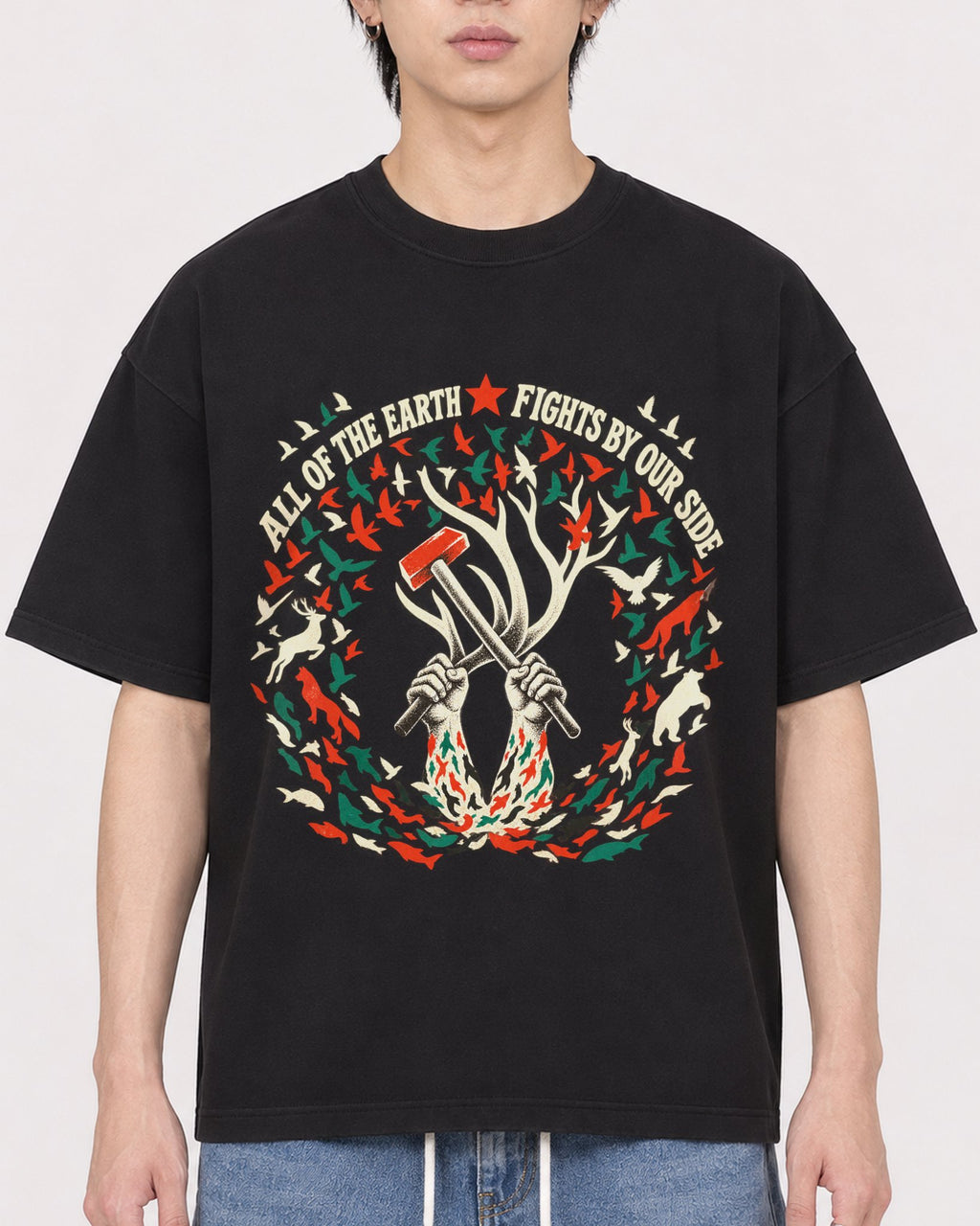 Mockup Boxy Heavyweight Tee Black male close-up 11