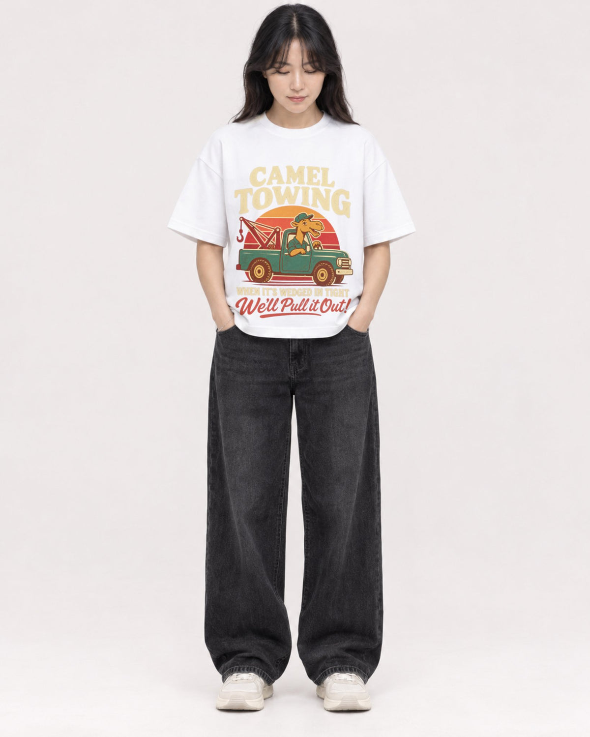 Mockup Boxy Heavyweight Tee White female full-body 13