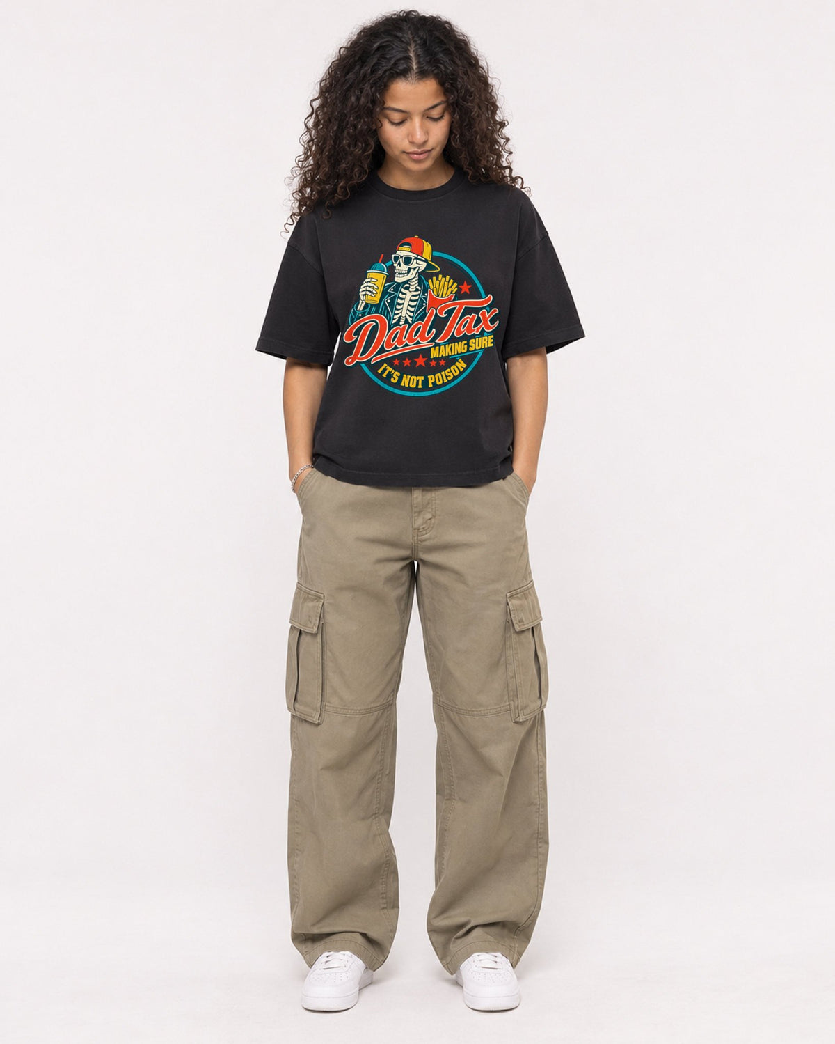 Mockup Boxy Heavyweight Tee Black female full-body 10
