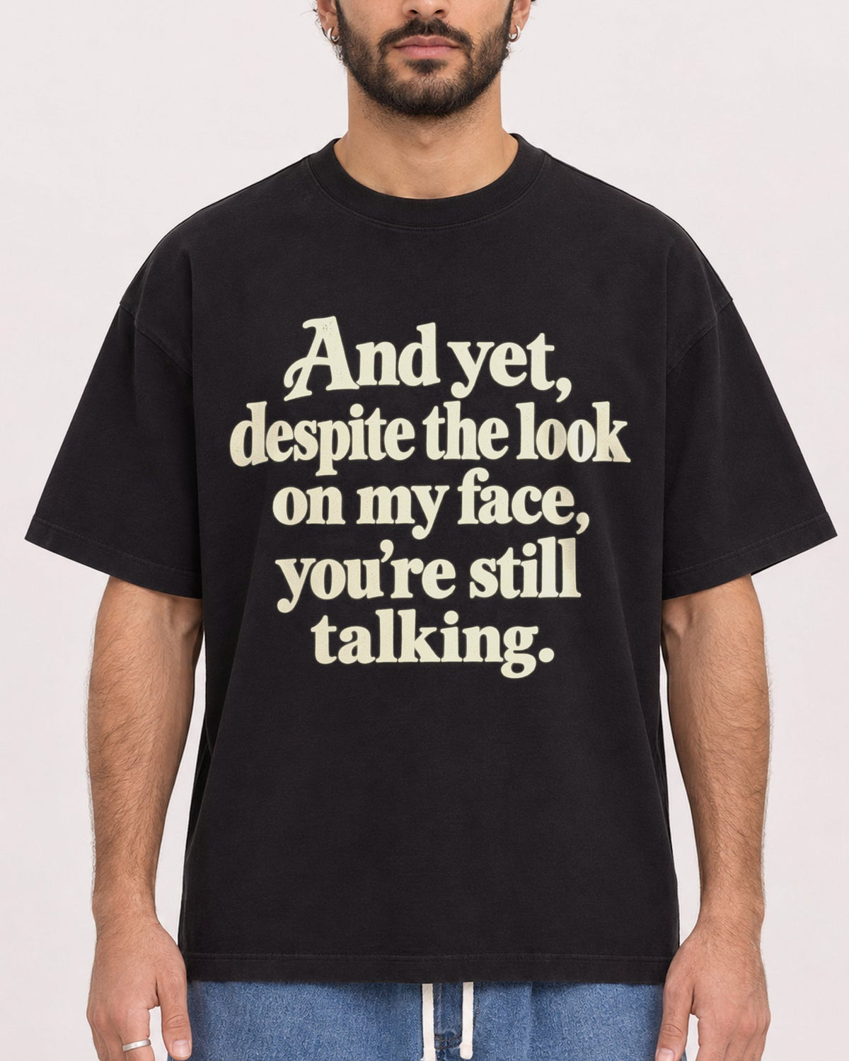 Mockup Boxy Heavyweight Tee Black male close-up 27