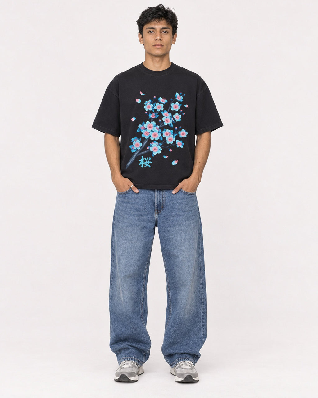 Mockup Boxy Heavyweight Tee Black male full-body 46