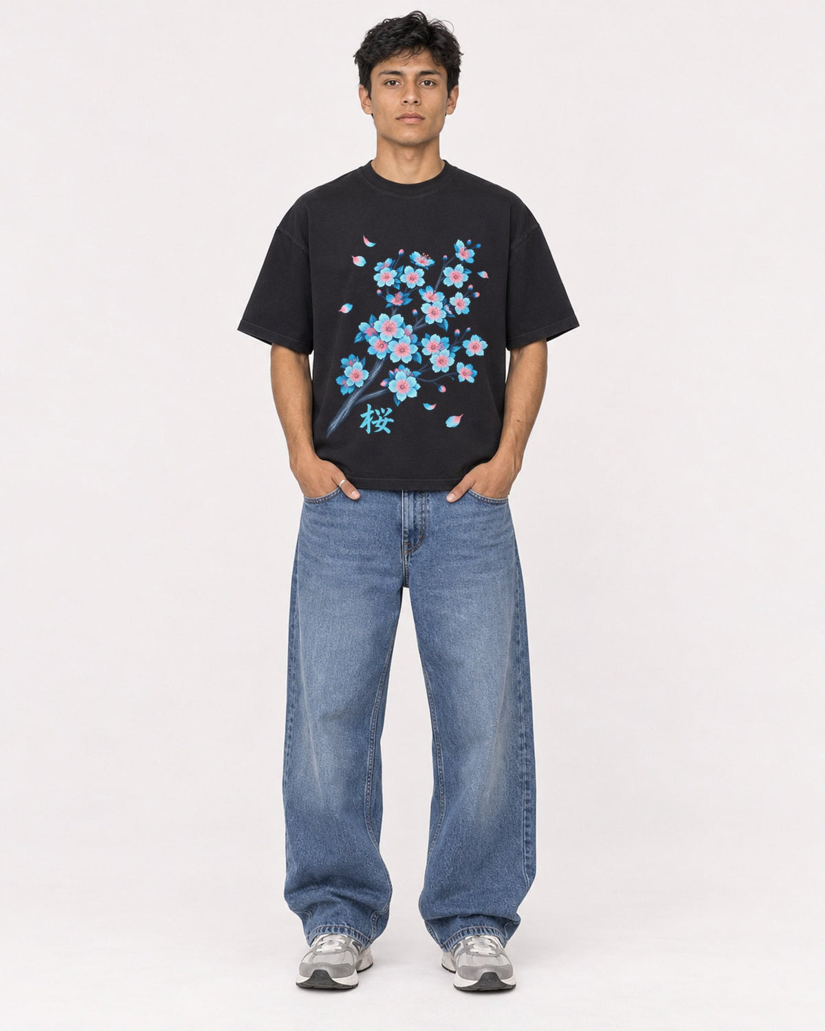 Mockup Boxy Heavyweight Tee Black male full-body 46