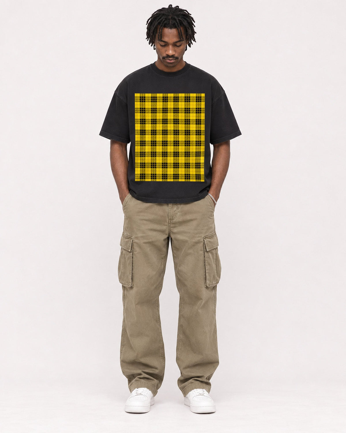 Mockup Boxy Heavyweight Tee Black male full-body 04