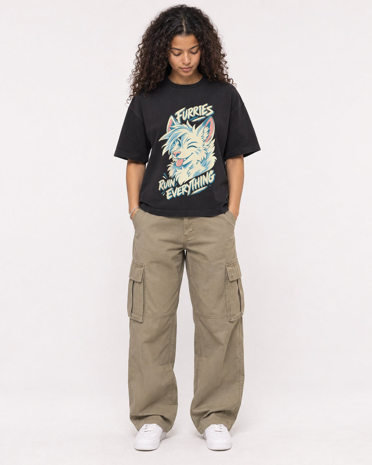 Mockup Boxy Heavyweight Tee Black female full-body 10