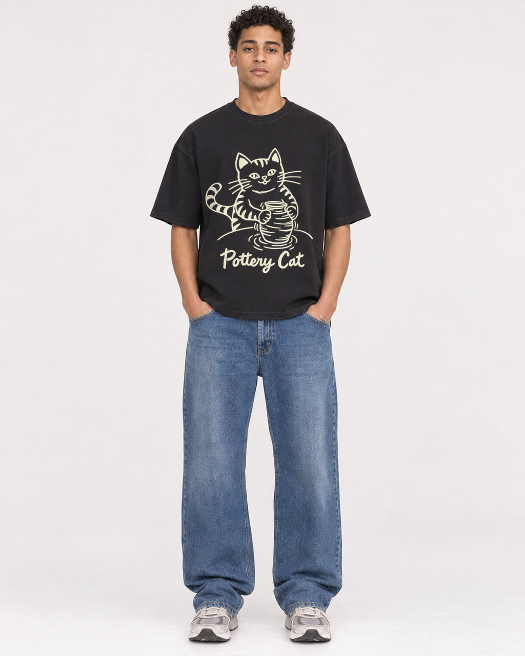 Mockup Boxy Heavyweight Tee Black male full-body 10