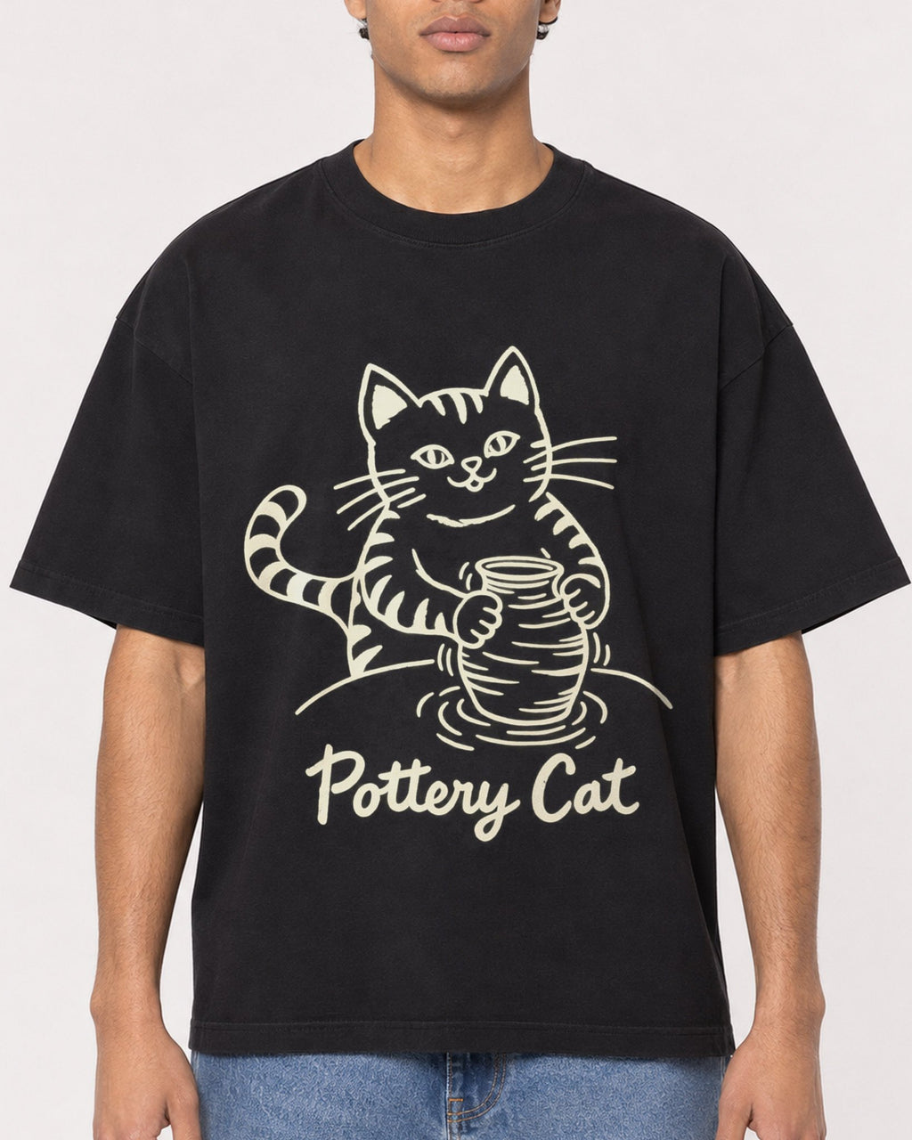 Mockup Boxy Heavyweight Tee Black male close-up 10