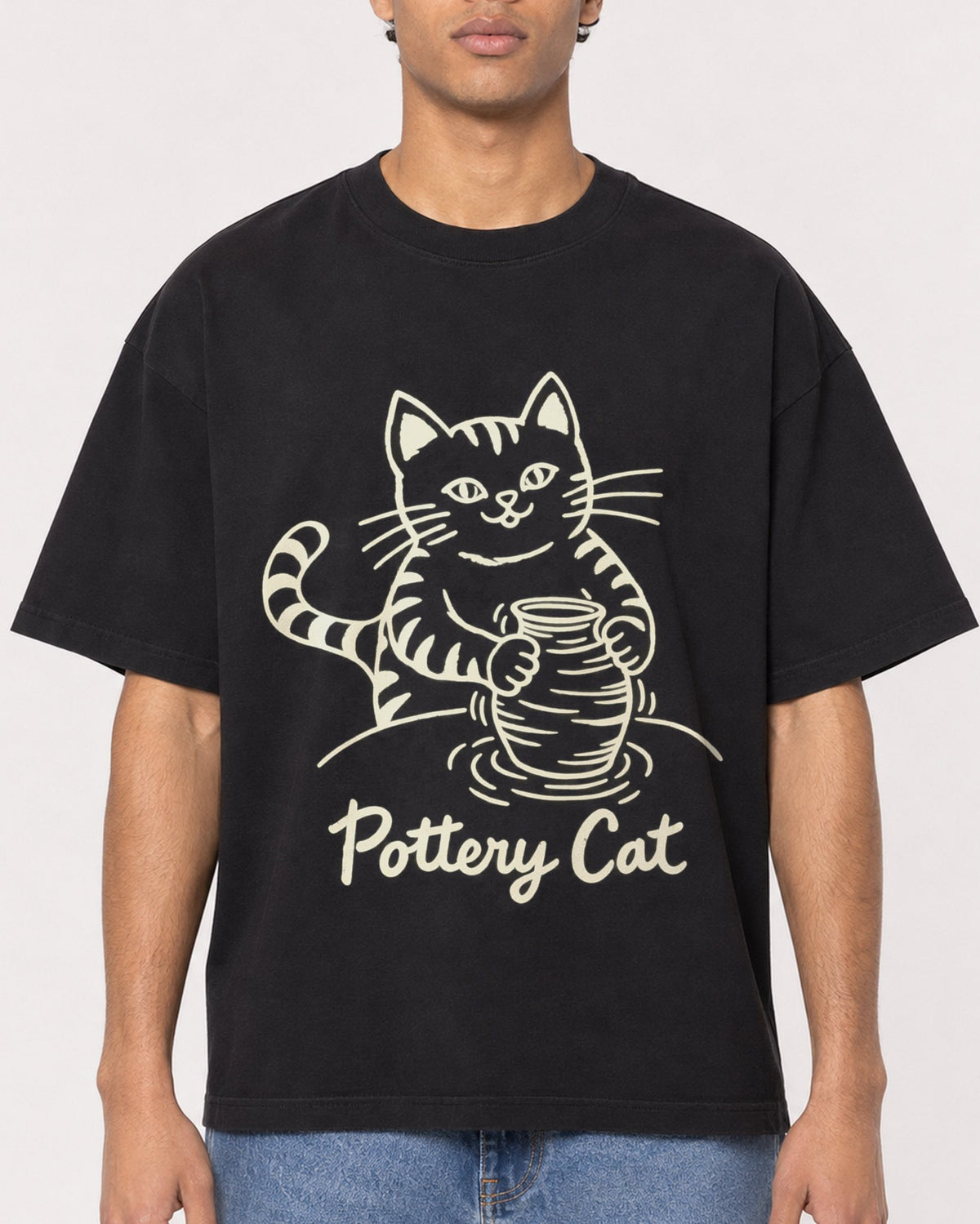 Mockup Boxy Heavyweight Tee Black male close-up 10