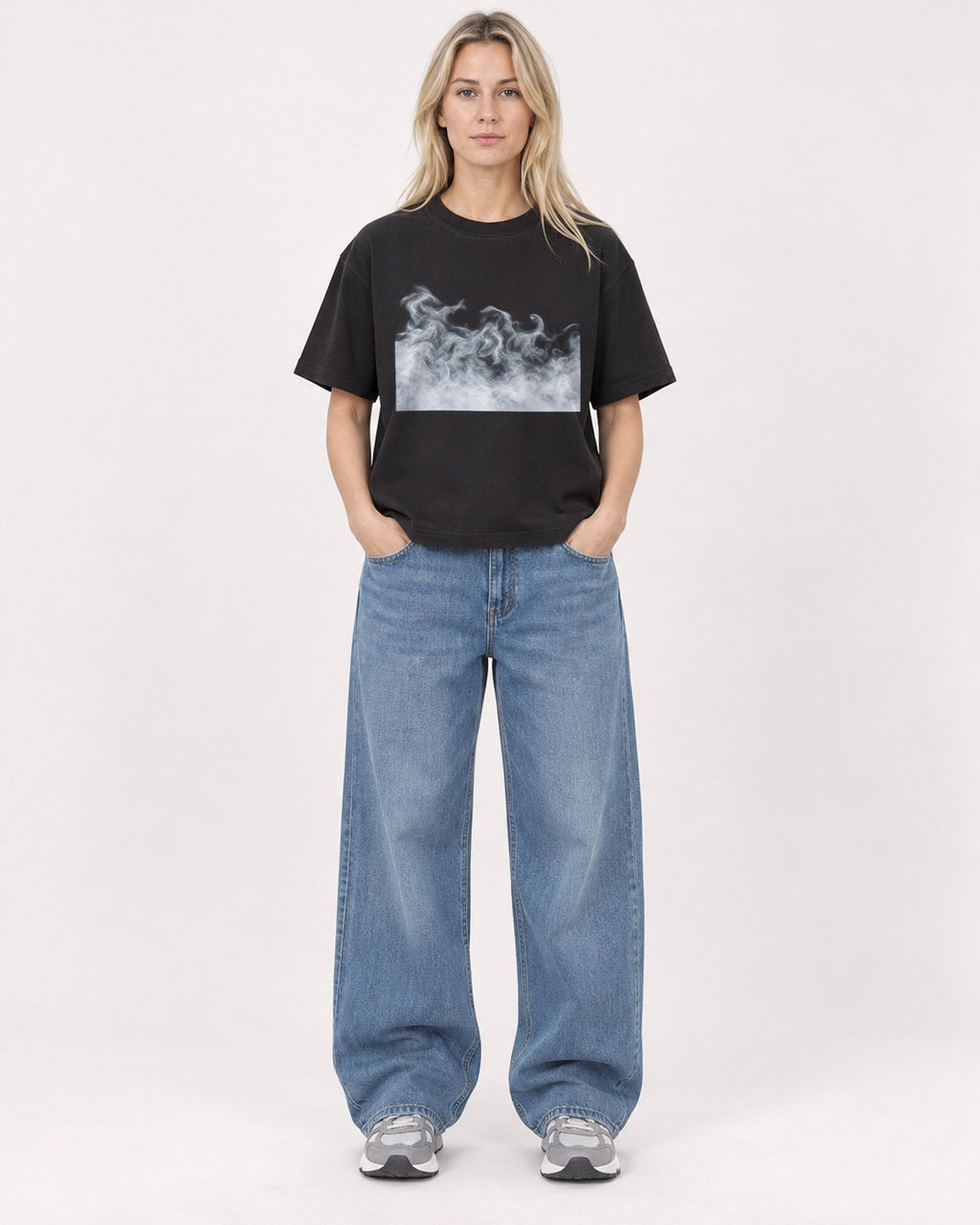 Mockup Boxy Heavyweight Tee Black female full-body 08