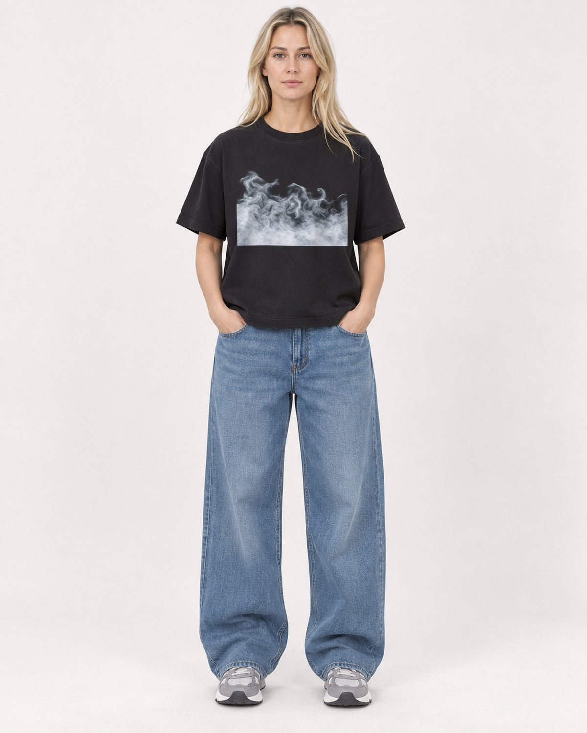 Mockup Boxy Heavyweight Tee Black female full-body 08