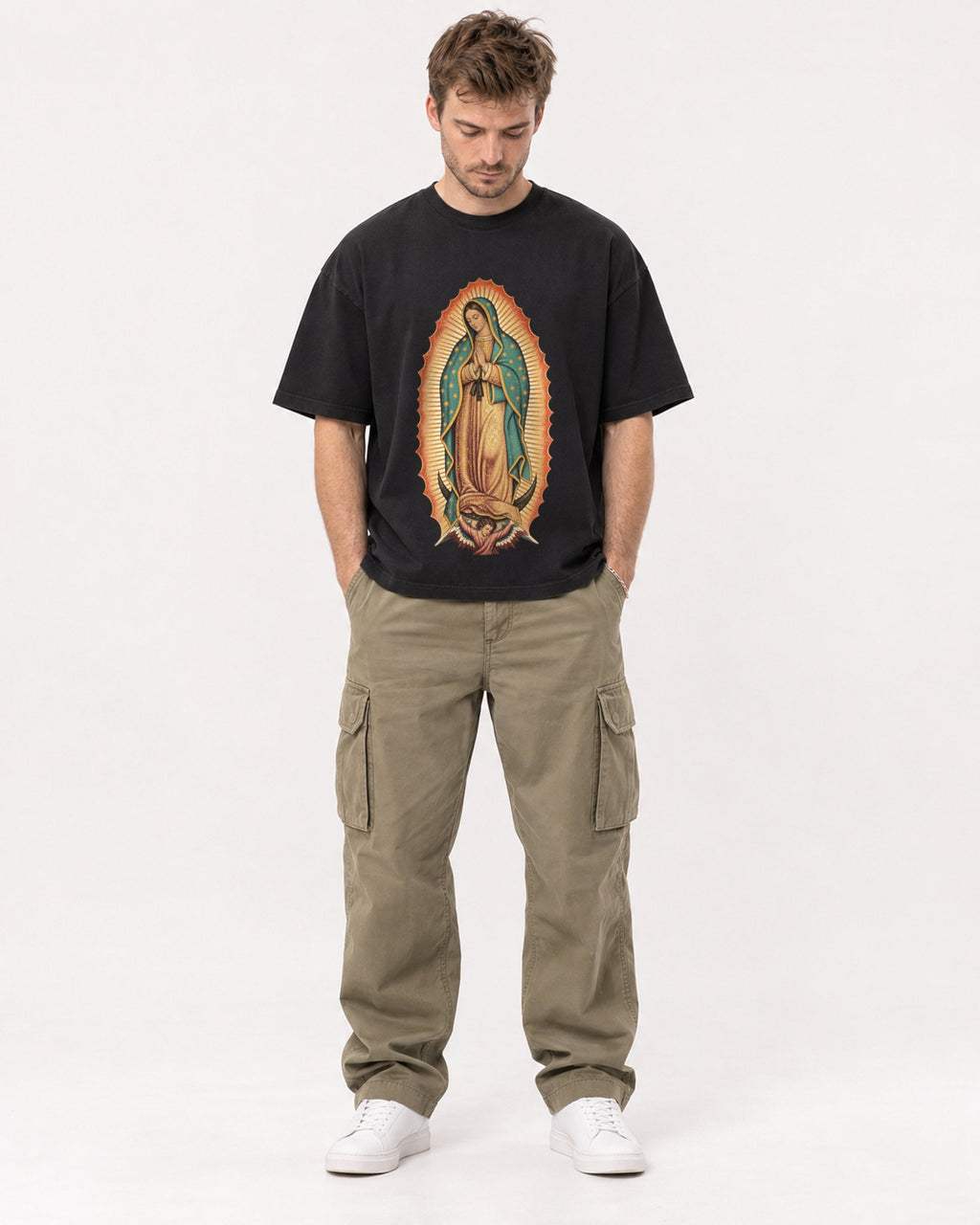 Mockup Boxy Heavyweight Tee Black male full-body 08