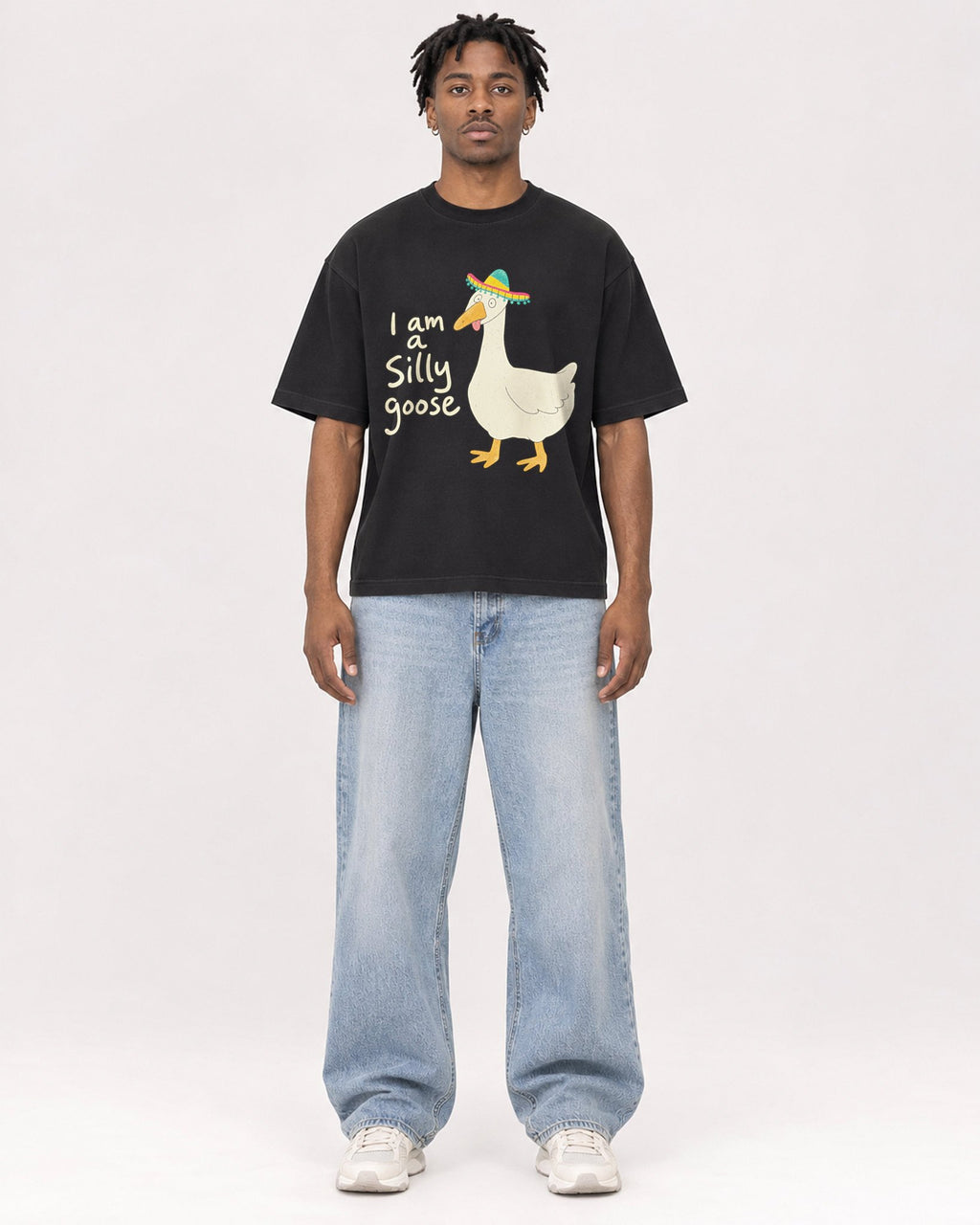 Mockup Boxy Heavyweight Tee Black male full-body 05
