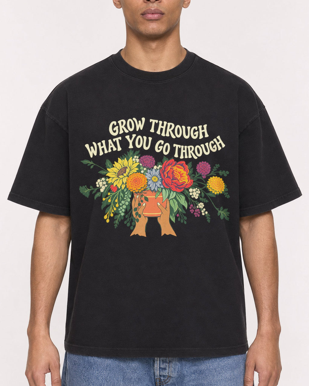 Mockup Boxy Heavyweight Tee Black male close-up 50