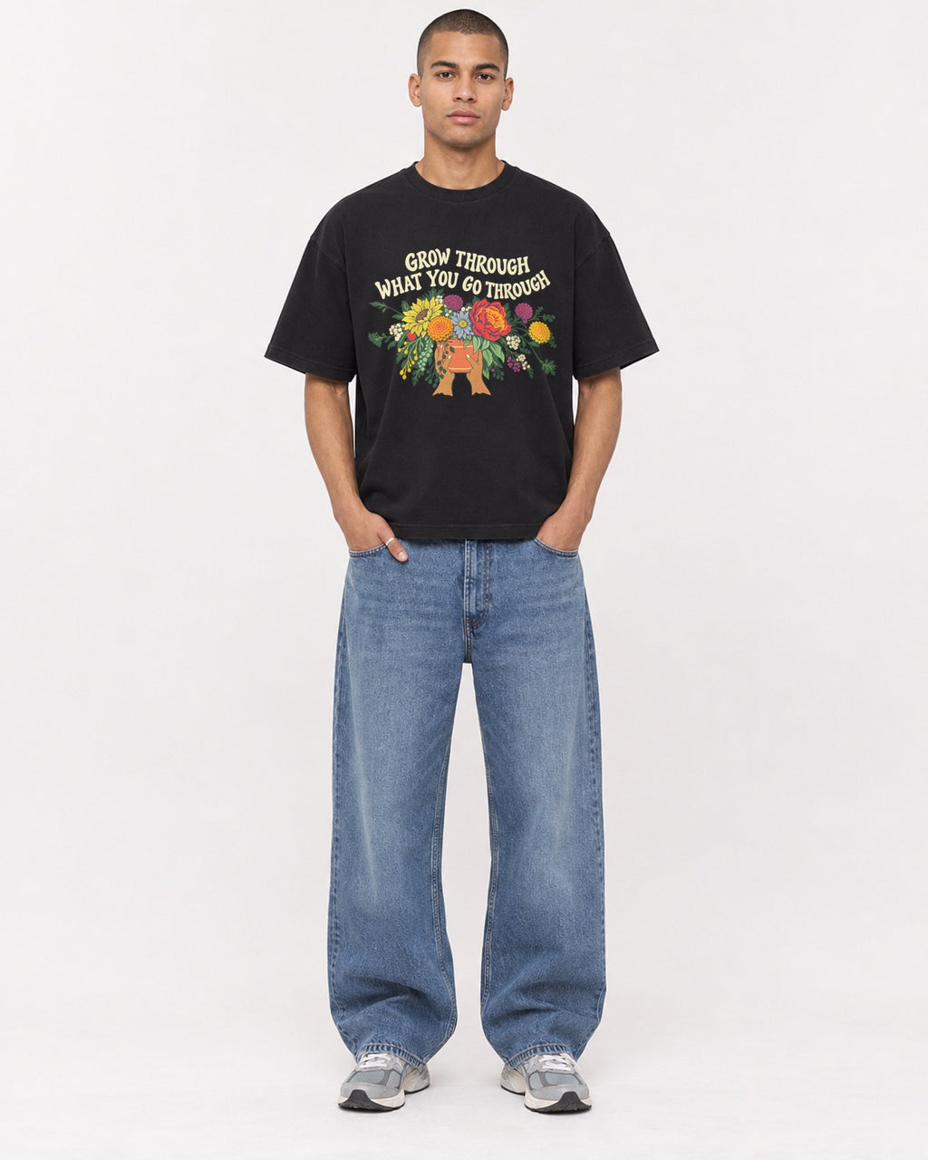 Mockup Boxy Heavyweight Tee Black male full-body 50