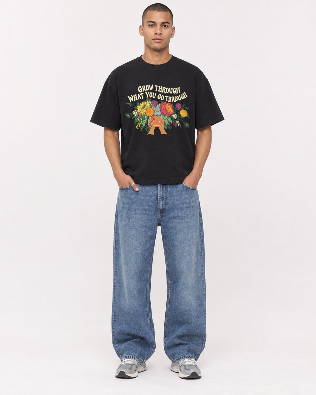 Mockup Boxy Heavyweight Tee Black male full-body 50